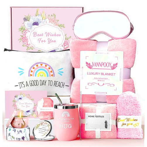 VANNPOOY Best Friend Birthday Gifts for Women Friendship, Get Well Soon Gift Basket, Spa Self Care Package Kit, Feel Better Gift Set, Anniversary Retirement Thinking of You Gift Box for Mom Sister Wife, Pink