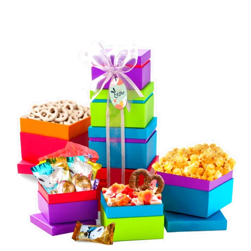 Broadway Basketeers Easter Basket Tower Premade Gift for adults, Kids, Boys, Girls - Includes Gourmet Chocolate, Candy, Easter Eggs a Great Easter Care Package for Family & Friends