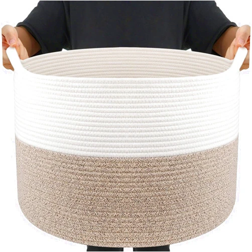 Maliton Throw Blanket Basket for Living Room, Extra Large Cotton Rope Basket for Storage, Woven Laundry Towel Hamper with Handles, Baby Toy Storage, 22