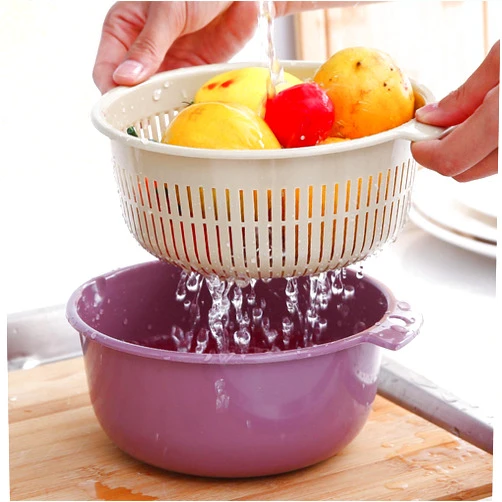 MILVEO Kitchen Filter Drain Basin Set, Multi-Functional Double-Layer Covered Plastic Drainage Basin and Basket, Mixed Fruit and Vegetable Filter Screen Cleaning, Preservation