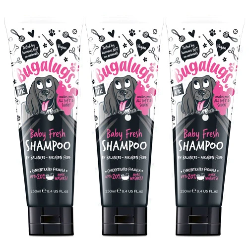 BUGALUGS Baby Fresh Dog Shampoo Dog Grooming Shampoo Products for Smelly Dogs with Baby Powder Scent, Best Puppy Shampoo Baby Fresh, Shampoo Conditioner, Vegan pet Shampoo Professional (3X 250ml)