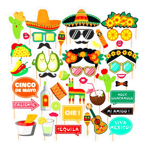 CC HOME 44Pcs Mexican Fiesta Photo Booth Props, Cinco De Mayo DIY Kit Decorations Selfie Props Accessories for Birthday Baby Shower Party Supplies, Mexican Party Decorations Favors with Stickers