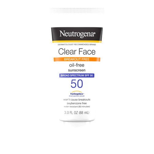 Neutrogena Clear Face Sunscreen Lotion for Acne-Prone Skin, Broad Spectrum SPF 50 Facial Sunscreen for Oily Skin, Oil-, Fragrance- & Oxybenzone-Free Water Resistant Sunscreen, 3 fl. oz