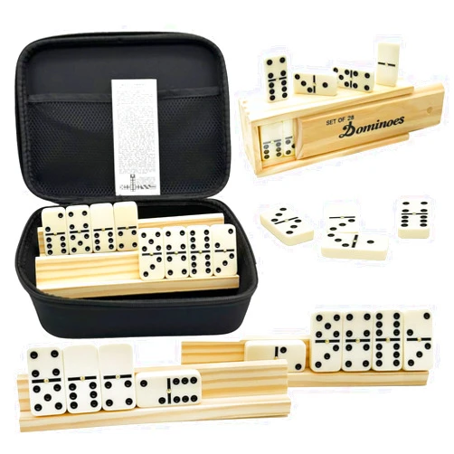 ESSAJOY Dominoes Set for Adults with 4 Racks/Trays Dominoes Set Double Six in Wooden Box Double 6 Travel Domino Set with 4 Tiles Holders 28 pcs Standard Domino Set 28 Tiles