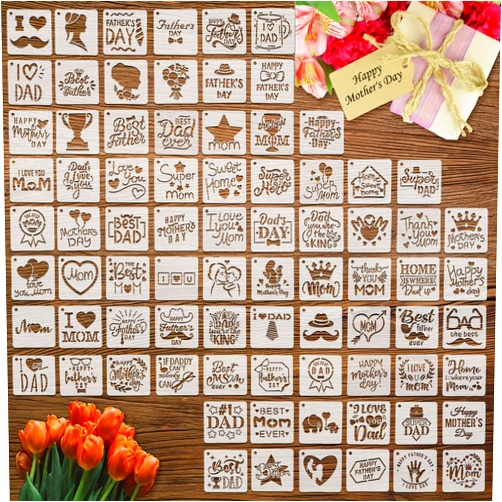 Teling 80 Pcs Mother's Day Stencils Father's Day Reusable Painting Mom Cookie Stencils Plastic Artists Drawing Mom Letter Templates Mold Tools for Party Painting Cake Baking Dessert