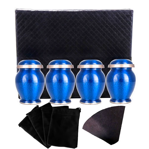 THE ASCENT MEMORIAL Tiny Urn for Human Ashes Remains - Men and Women - Set of 4 - Gift Pack of Four Mini Marble Blue Keepsake Urns for Ashes with 4 Velvet Bags A Paper Funnel and A Stunning Gift Box