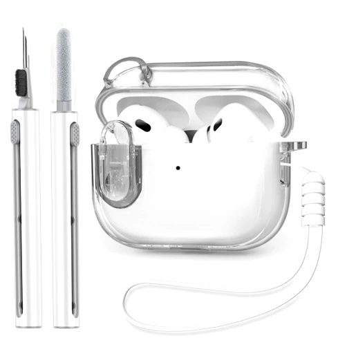 Ensfomte Clear Case Cover for Airpods Pro 2nd/1st Generation with Secure Lock, Soft TPU Transparent Shockproof Protective Case for AirPods Pro 2 Case (2023/2022/2019) with Cleaner kit & Lanyard, Clear White