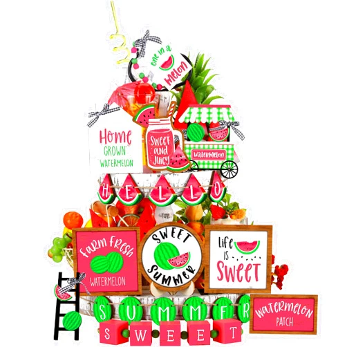 Bucherry 21 Pcs Summer Tiered Tray Decor Watermelon Tiered Tray Decorations Set Hello Summer Wooden Sign Farmhouse Watermelon Table Decorations Summer Tiered Tray Decor for Home Kitchen Shelf Tabletop