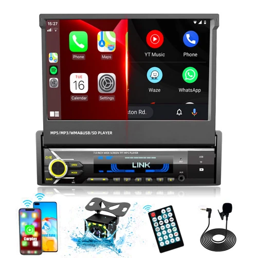 SEMAITU [Upgrade] Single Din Car Stereo Player Compatible with Apple Carplay & Android Auto – 7 Inch Motorized Flip Out Touch Screen with Bluetooth| Mirror Link | HD Backup Camera | AUX | AM FM Car Radio
