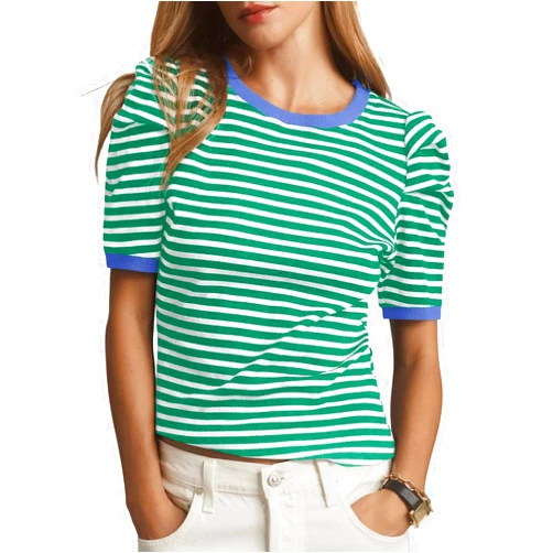 Tankaneo Womens Short Puff Sleeve Tops Trendy Striped Color Block T Shirts Crewneck Casual Shirts