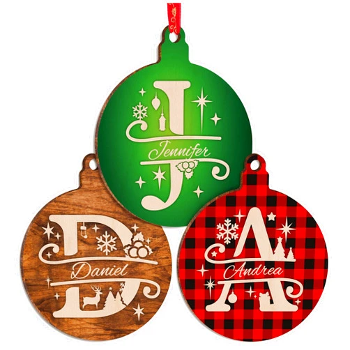 People People Christmas Initial Ornaments w/Name - 9 Pattern - Personalized Xmas Round Ornament Decor for Christmas Tree - Customized Noel Wood Gifts - Custom Wooden Circle Décorations C1