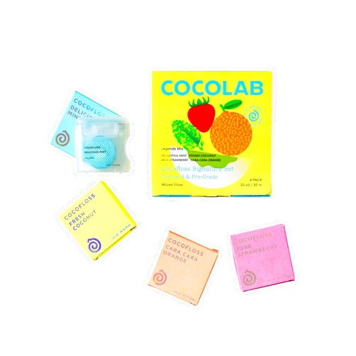 Cocofloss Woven Dental Floss, Dentist-Designed Oral Care, Waxed, Vegan, Kid-Friendly, with Coconut Oil, 4-Pack of Mint, Coconut, Orange, Strawberry (33 yard Each)