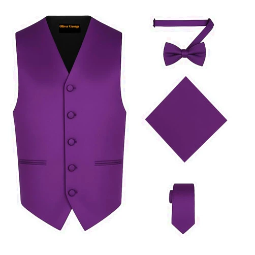 Oliver George 4pc Men's Solid Formal Waistcoat Tuxedo Dress Vest Necktie BowTie Handkerchief Set For Suit or Tuxedo