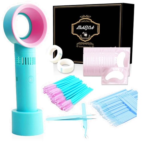 MAIZOA eyelash extension kit, including eyelash fan, precision tweezers, 50 disposable eyelash brush sticks, 20 pairs of under-eye gel pads, 2 tapes, 100 micro applicators (Blue pink kit)