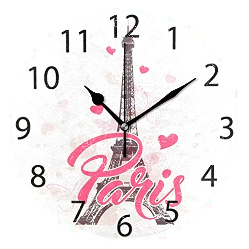 ABLINK ALAZA Pink Paris with Love Round Wall Clock, Silent Non Ticking Oil Painting Home Office School Decorative Clock Art