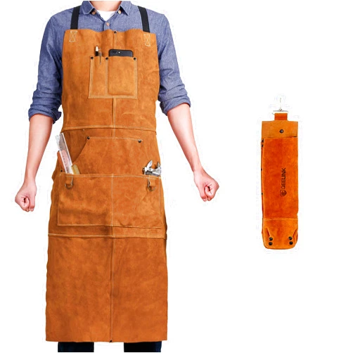 QeeLink Leather Welding Work Apron with 6 Tool Pockets, Heat & Flame Resistant Apron, 24