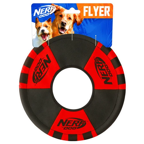 Nerf Dog Trackshot Toss and Tug Ring Dog Toy, Lightweight, Durable and Water Resistant, 9 Inches, for Medium/Large Breeds, Single Unit, Red/Black