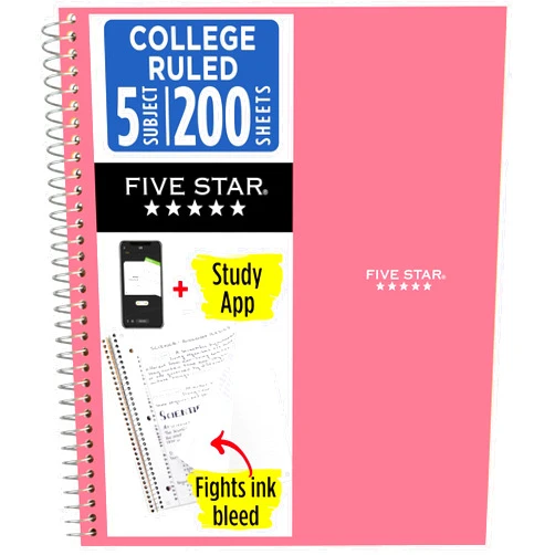 Five Star Spiral Notebook + Study App, 5 Subject, College Ruled Paper, 8-1/2
