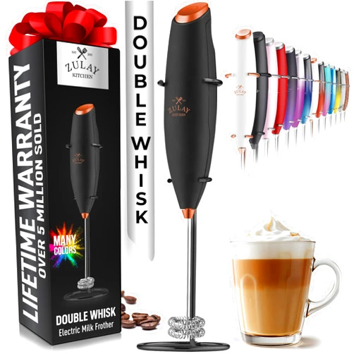 Zulay Kitchen Zulay Double Whisk Milk Frother Handheld Mixer - High Powered Frother For Coffee With Improved Motor - Milk Frother Electric Whisk Drink Mixer For Cappuccino, Frappe, Matcha, Twin Whisk - Black/Copper