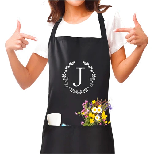 NOBONDO Personalized Apron with Pockets, Initial Bib Apron with Adjustable Neck and Waist Ties, Monogrammed Gift for Women and men, Supports Cooking, Crafting BBQ Drawing and Gardening - with Wreath J