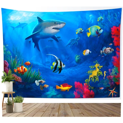HVEST Shark Tapestry Tropical Fish Undersea World Tapestry Wall Hanging Ocean Animals Tapestries for Bedroom Living Room Dorm Party Decor, 60Wx40H inches