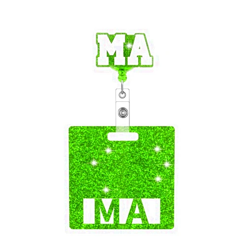 MillMB Medical Assistant MA Glitter Badge Reel with Badge Buddy Retractable Green Badge Holder with Belt Clip ID Badge for Nurse Heavy Duty Spill Proof & Tear Resistant Steel Wire Cord
