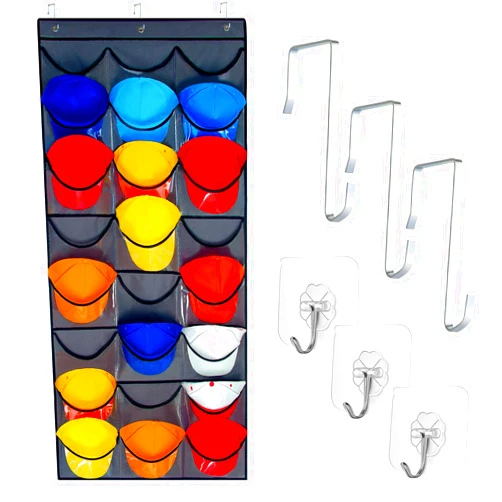 Easliffy Hat Rack for Wall Or Door, Hat Organizer for Hat Storage & Ballcap Display with 24 Clear Deep Pockets, Hat Racks for Baseball, Golf, And Sports Caps Storage Complete with Door & Wall Hook