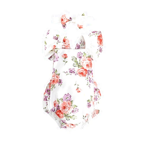 WUTYU Wedding Clothing Baby Girls Flower Playsuits Ruffled Bodysuit+Headband Print Fly Sleeve Romper Floral Jumpsuit