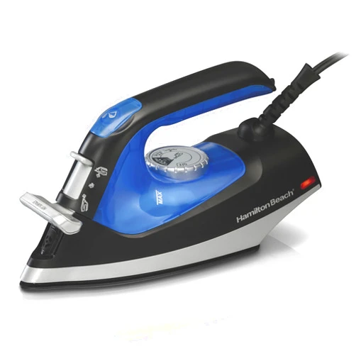 Hamilton Beach 2-in-1 Steam Iron for Clothes and Garment Steamer with 5 Temperature Settings, Nonstick Soleplate, 1200 Watts, 8’ Cord, Black & Blue (14525F)