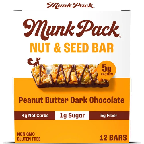 Munk Pack Keto Snack Bars, Peanut Butter Dark Chocolate - Low Carb Nut Bar with 5g Protein, 1g Sugar with Allulose - Gluten Free & Low Glycemic - 12 Count