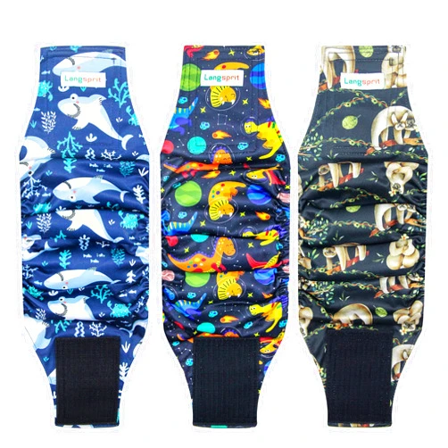 Langsprit Male Belly Bands for Dogs (Pack of 3) - Dog Diapers Male - High Absorbing Dog Wraps Male Washable - Reusable Small Doggy Doggie Puppy Male Dog Diapers (Sloth,Whale,Dinosaur, Small)