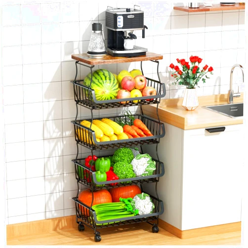 Gsiekare Fruit Vegetable Basket for Kitchen, 5 Tier Stackable Fruit Vegetable Storage Baskets with Wheels, Metal Wire Storage Basket Organizer Baskets for Kitchen, Pantry, Bathroom