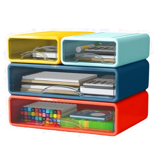 KayYuki Office Stackable Office Storage Box with Drawers｜Office Desk Storage Box with 4 Drawers (Pearl White)｜ (Fire red (big) + sea blue (big) + sunset yellow (small) + fresh green (small))…