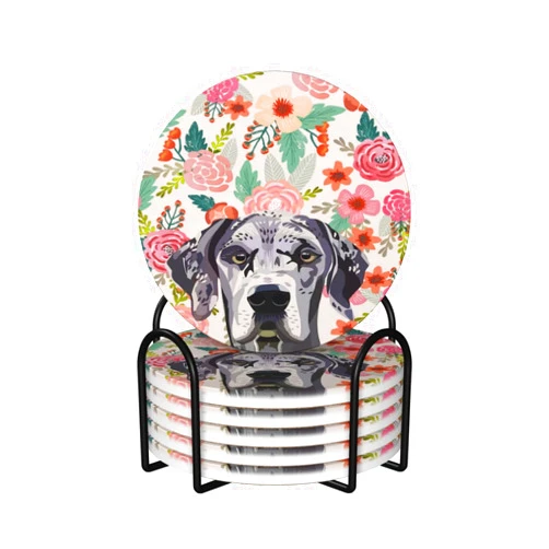 Xsovgoi Great Dane Dog Lovers Florals Ceramic Coaster with Cork Base Set of 6 for Home Decor Coffee Table Include Black Metal Holder Stand