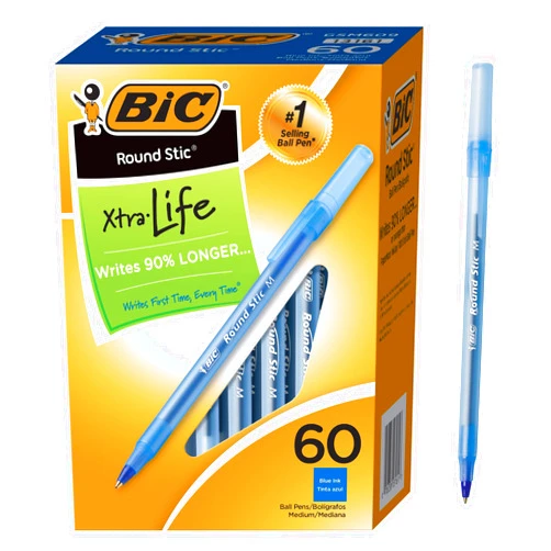 BIC Round Stic Xtra Life Ballpoint Pens, Medium Point (1.0mm), Blue, Flexible Round Barrel For Writing Comfort, 60-Count