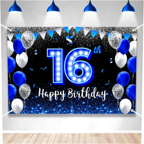 BECKTEN Happy 16th Birthday Backdrop Banner Blue Black Theme Background With Blue Neon Light Shiny Fashion Birthday Party Photo Photography Prop Booth Background for Boys Girls Celebration 70.8x47.2in-BECKTEN