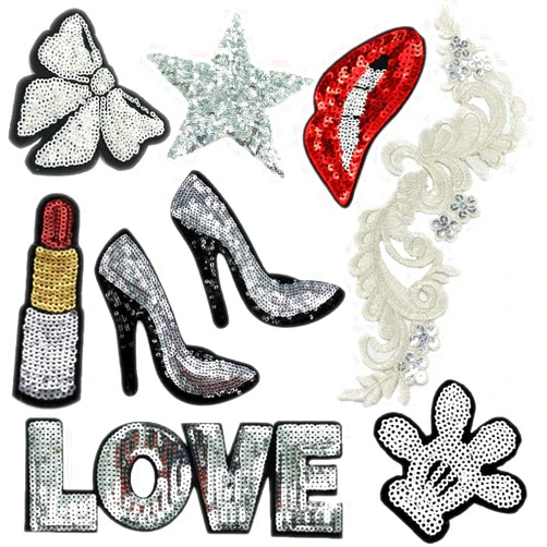 TATEELY 9 Pcs Sliver Embroidered Patches Lip/Lipstick Flower Iron On Patch Sewing On Sequins DIY Clothes Applique Garment Motif Woman Girl Brand Patch (Sliver (9pcs))