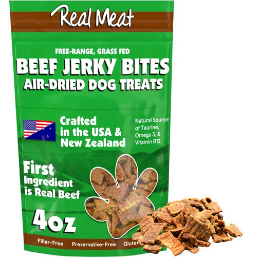 TRMC Real Meat Dog Treats - 4oz Bag of Bite-Sized Air-Dried Beef Jerky for Dogs - Grain-Free Jerky Dog Treats Made up of 95% Human-Grade, Free-Range, Grass Fed Beef - All-Natural High Protein Dog Treats