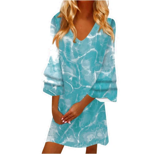 Generic Plus Size Wedding Guest Dress Women's Fashion Temperament Elegant Fresh Printed V-Neck 45355 Sleeves Mini Dress Trendy Womens Party Maxi Dress for Women Aleibuau Dress Short (M, Sky Blue)