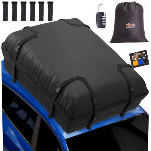 Gorilla Grip Waterproof Car Roof Bag with Stay in Place Grip Dots and Buckles, UV Protected Soft Shell Rooftop Cargo Carrier, Tear Resistant Luggage Box Top Rack SUV Vehicle Storage 15 Cubic FT Black