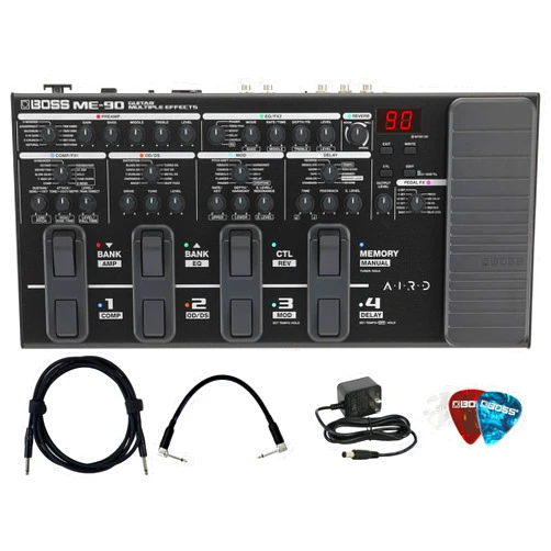 Boss ME-90 Guitar Multiple Effects Bundle with Power Adapter, 10ft Instrument Cable, 6 Inches Patch Cable, and Picks