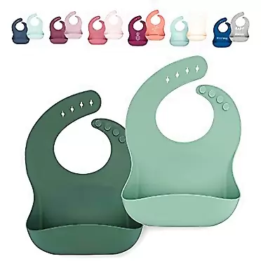 Ava + Oliver Silicone Bib Set - Adjustable Catch All Waterproof Bibs - Set of 2 Forest