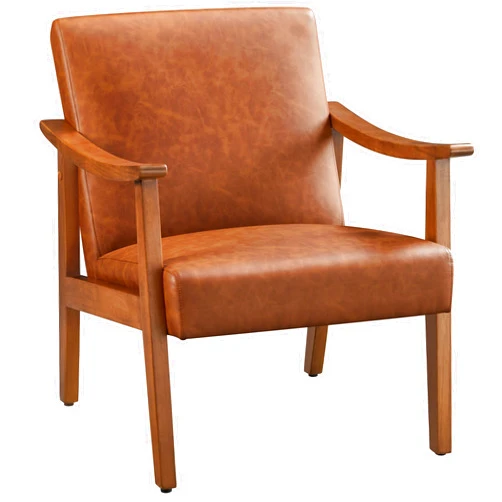 Yaheetech PU Leather Accent Chair, Mid-Century Modern Armchair with Solid Wood Legs, Reading Leisure Chair with High Back for Living Room Bedroom Waiting Room, Light Brown