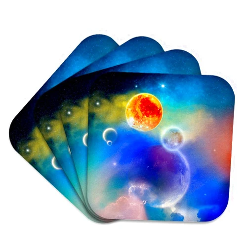 3dRose Set of 4 Coasters - Soft - A Space Scenario with Stars, Sun and Planets - New Solar System Simone Gatterwe Desings Science Fiction Space