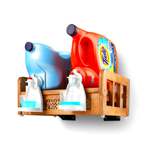 HOMKO Laundry Shelf Organizer Wall-Mounted Wooden Laundry Detergent Cup Holder for Dispensing Soap with Detergent Drip Tray Drip Catcher for Laundry Room Organization and Storage (Brown)