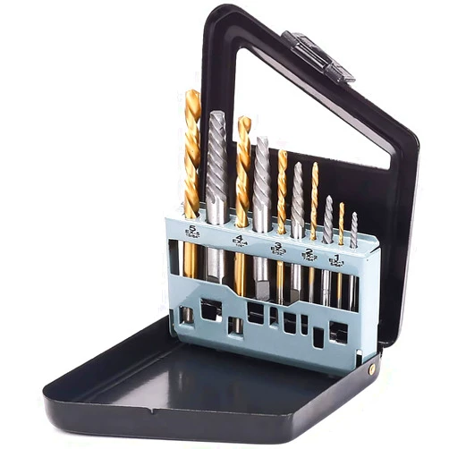 SEDY 10-Piece High-Speed Steel Screw Extractor & Drill Bit Set - Spiral Flute Broken Bolt Remover, Easily Remove Stripped or Damaged Screws, Left-Hand Drill-Bit - Complete Set with Metal Index Case