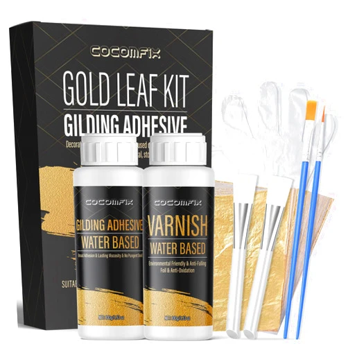 cocomfix Gold Leaf Kit, 200ml Gilding Adhesive Set, Water Based Gold Leaf Adhesive and Protective Varnish with 100 Pcs Gold Leaf Sheets for Art, Crafts, Painting and Decoration
