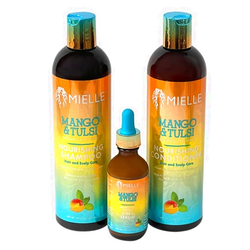 Generic Mielle Mango & Tulsi Nourishing Botanical Blend Infused with Mango Butter & Tulsi Leaves Scalp Care & Stronger Looking - Shampoo, Conditioner & 3-in-1 Serum – Styling Bundle Set 3 PCS