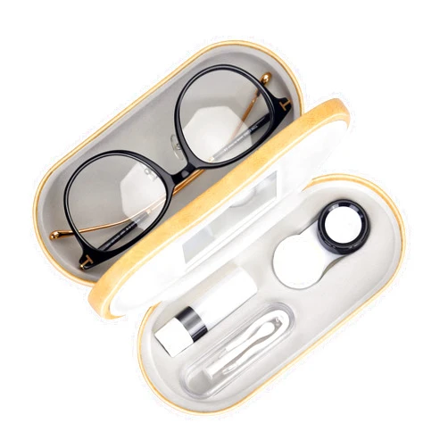 Muf 2 in 1 Contact Lens Case and Glasses Case,Double Sided Dual Use Design,Leak Proof & Portable,Tweezer and Contact Lens Solution Bottle Included for Travel Kit,Yellow