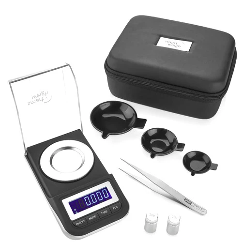 Smart Weigh 50g x 0.001 Grams, Premium High Precision Digital Milligram Scale, Includes Tweezers, Calibration Weights,Three Weighing Pans and Case